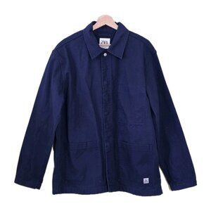 Zara Twill Chore Jacket Men L Navy LS Snap Cotton Barn Coat Denim Unlined Grunge